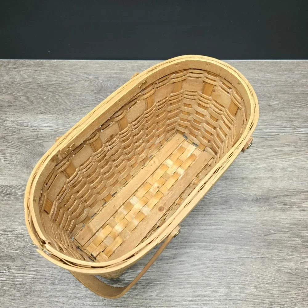 Vintage Double Handled Light Brown Wooden Basket 13x9x6 Rustic Home Decor